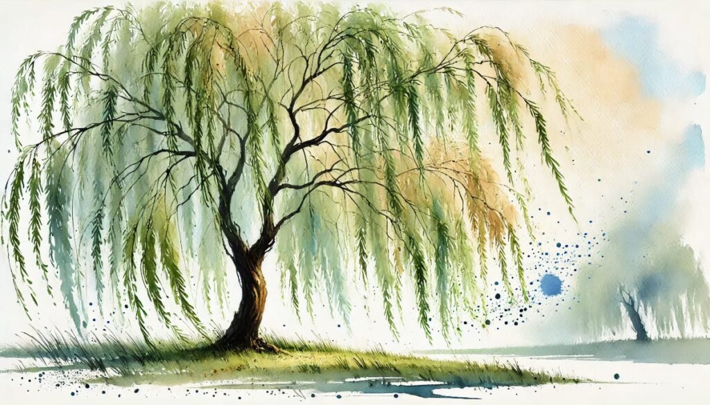 A watercolour drawing of a willow tree